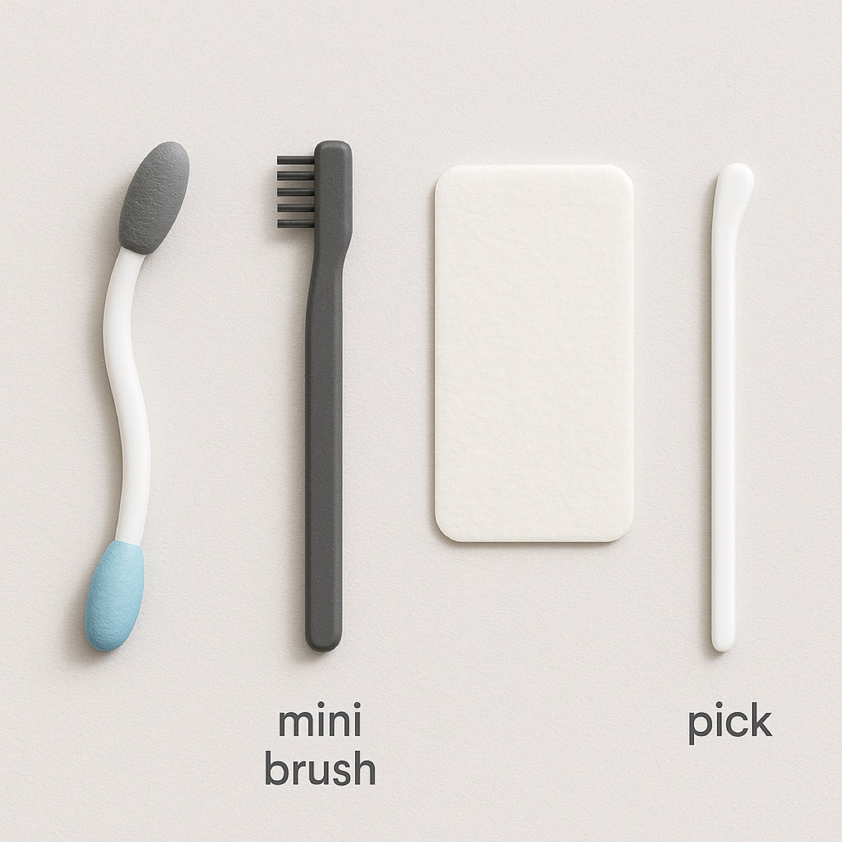 Cleaning swab, mini brush, wipe and pick laid out on a neutral background