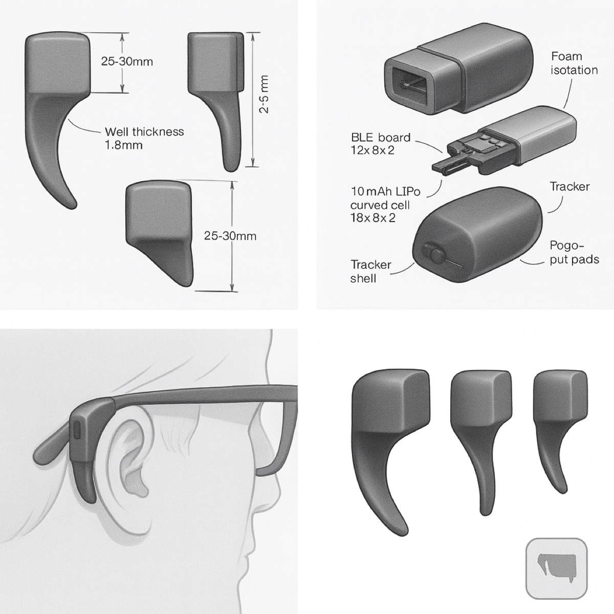 Concept sketches for a small Bluetooth tracker that clips onto eyeglass temples