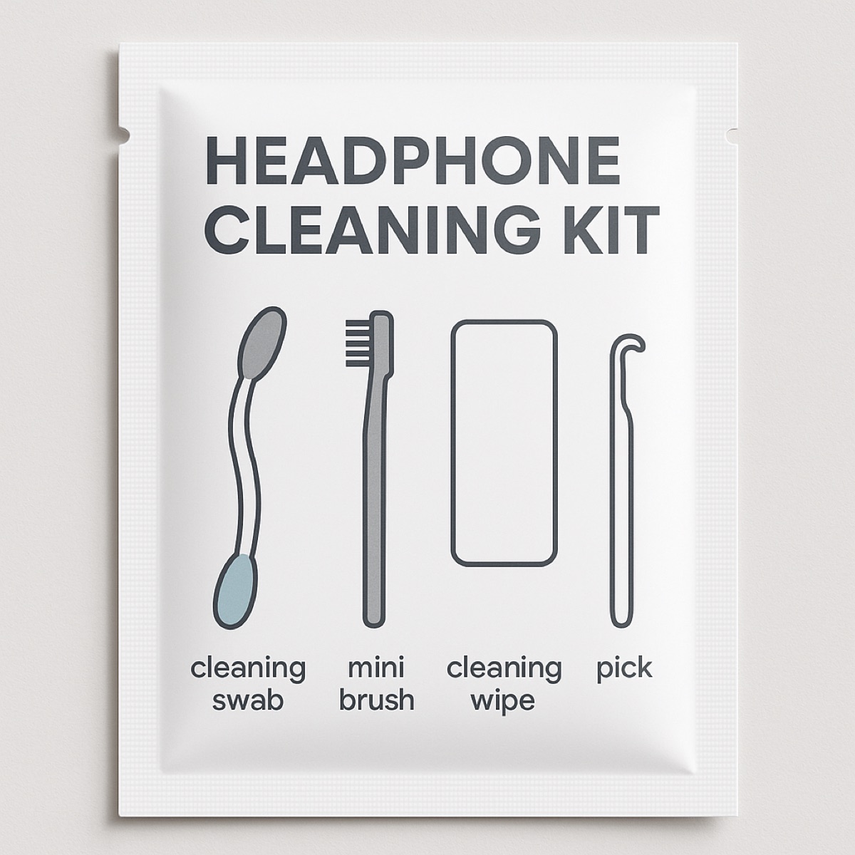 Headphone cleaning kit sachet showing a cleaning swab, mini brush, cleaning wipe and pick